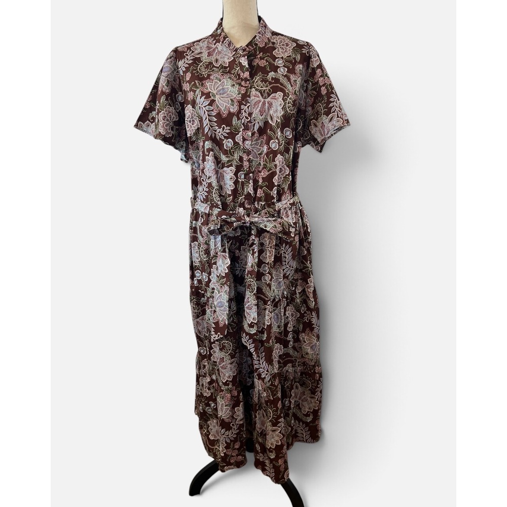Sugarlips Brown Floral Midi Shirt Dress Short Sleeve Belted Pockets 2X